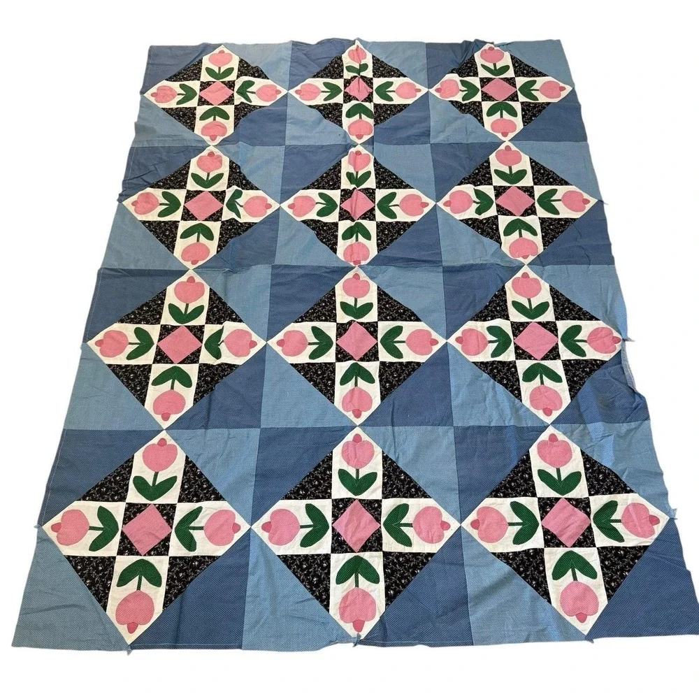 Vintage Antique Hand Pieced Quilt Top Tulip Flowers Floral 64 x 84 UNFINISHED